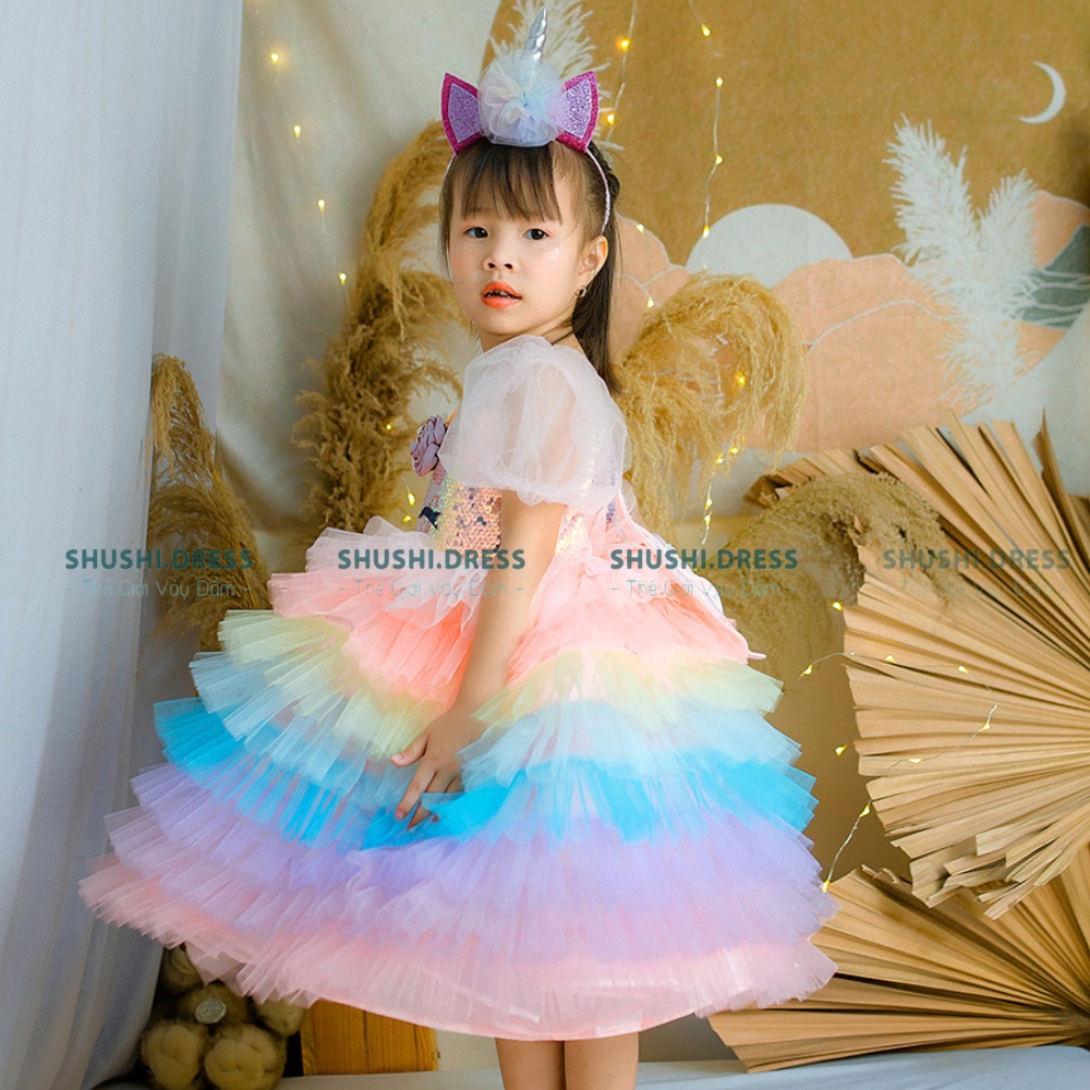 váy công chúa bé gái, đầm công chúa pony màu hồng cho bé đi tiệc, thôi nôi, sinh nhật kèm sừng ngựa thần, nơ rời SHUSHI