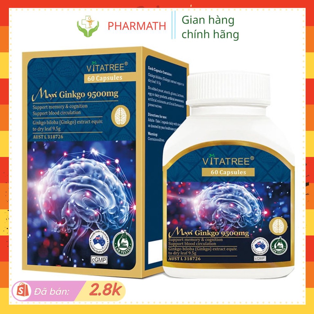 [ PHARMATH - M30K ] Viên uống bổ não Vitatree Ginkgo Plus 6000 Mg with CQ10 50mg