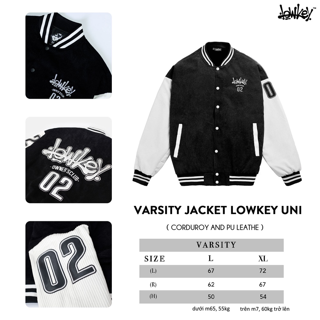 Áo khoác Varsity Black/White Nhung Tăm Full Thêu Logo Lowkey Phối Da PU Varsity Jacket Lowkey Uni