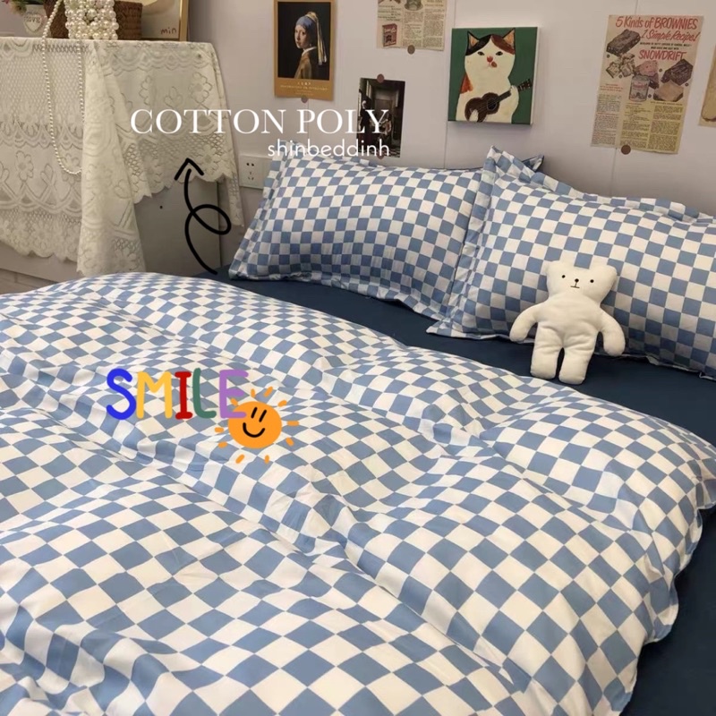 Set Bộ Vỏ Cotton Poly Ô Vuông Bàn Cờ Nhỏ Chất Vải Đanh Mát _Shinbedding