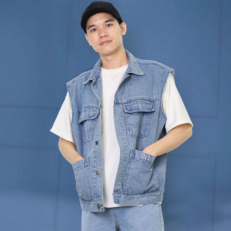 Áo gile jean nam nữ thời trang Inichi A1035 phong cách Hàn Quốc, thêu chữ chất lượng cao