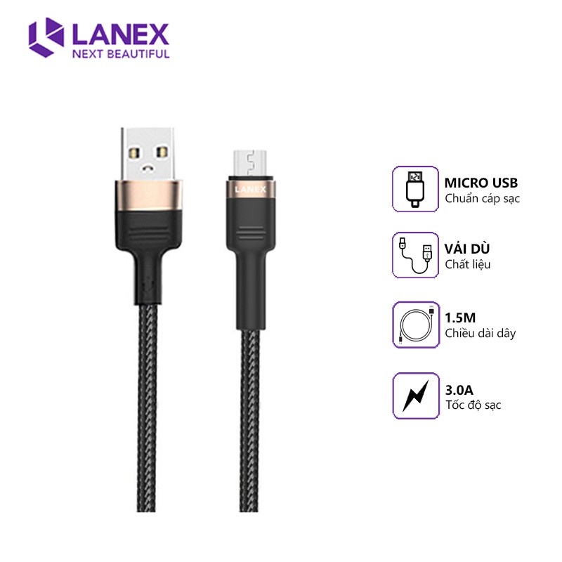 Cáp sạc nhanh Lanex LTC - N17M dây dù 3.0A, cổng kết nối Micro Usb, dài 1.5m