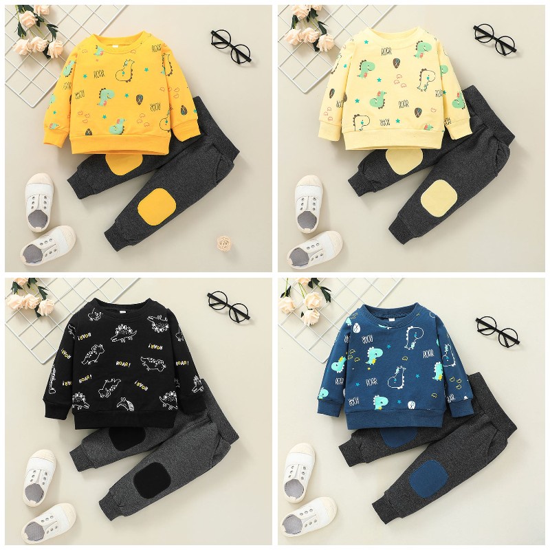 Bộ Trang Phục 2 Mảnh Gồm Áo Thun Tay Dài Và Quần Dài Họa Tiết Khủng Long Hoạt Hình Cho Bé Trai 1-6 Tuổi