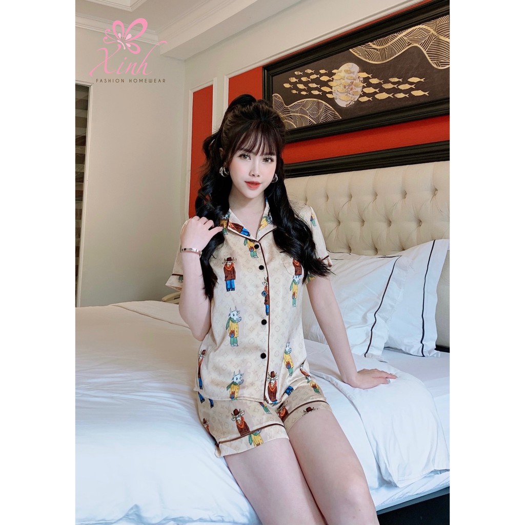 Bộ đồ mặc nhà nữ Xinh cổ pijama đùi lụa cao cấp họa tiết  -X425