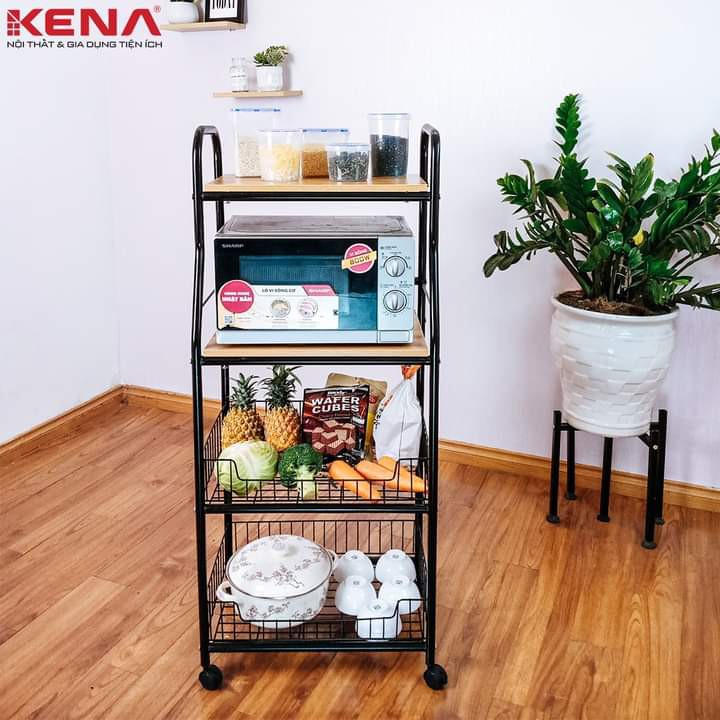 Kệ Để Lò Vi Sóng Gỗ Kết Hợp Khung Sắt Đa Năng 4 Tầng Lắp Ghép KENA KN177 Hàng Việt Nam Chính Hãng