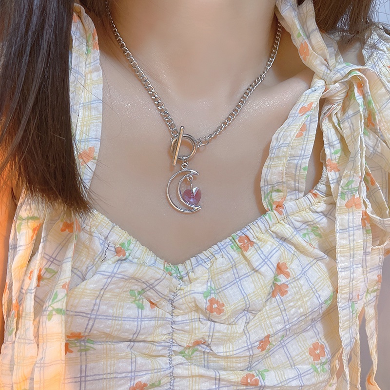 Vòng cổ Mặt Trăng Và Trái Tim Đính Đá zircon Dễ Thương Cho Nữ