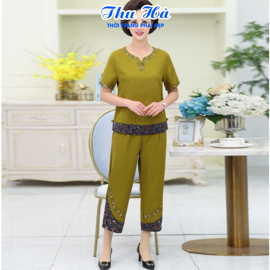 Đồ bộ mặc nhà tay ngắn họa tiết thêu hoa Thu Hà quần áo trung niên cho mẹ form rộng rãi thoải mái ĐBH.18
