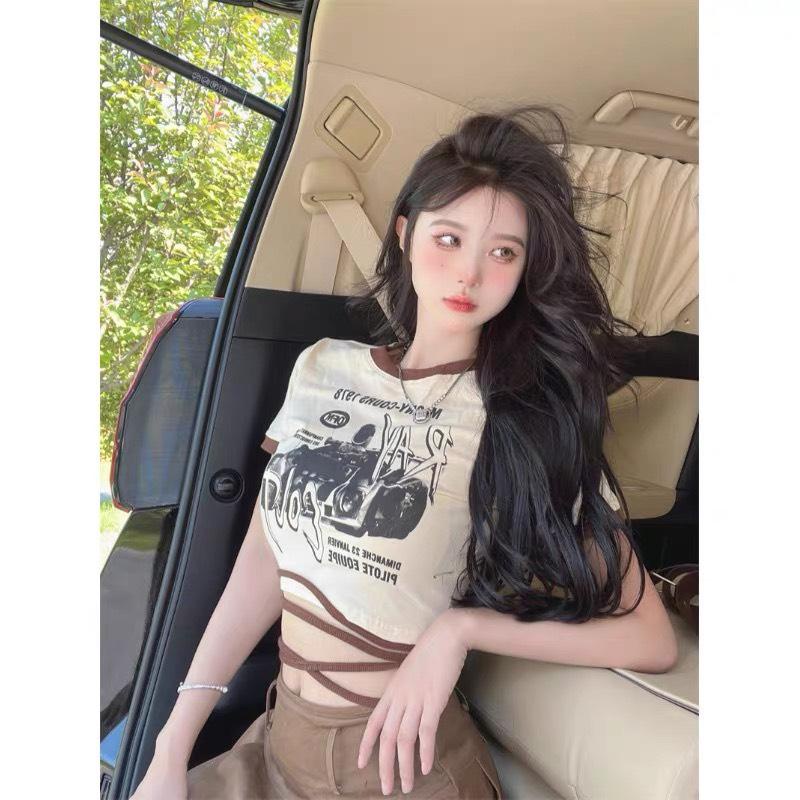 Áo Croptop Body Tay Ngắn ALOHASHOP91 Dáng Ôm Dây Đan Eo In Hình XINH XẮN