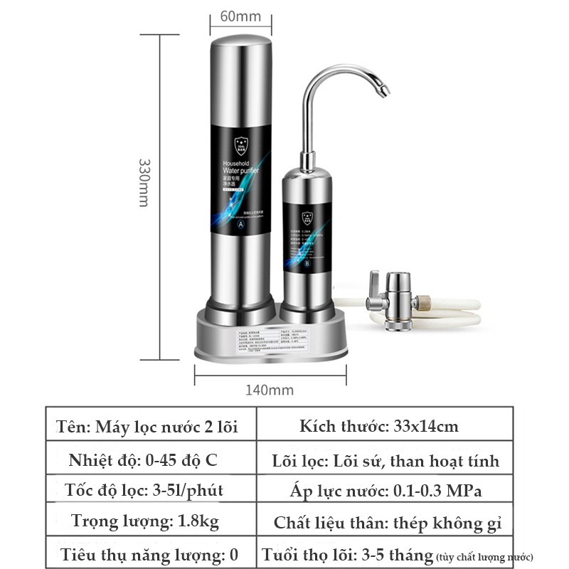 Máy Lọc Nước Lõi Sứ Water Purifier 2 Lõi 4 Tầng Lọc Bộ Lọc Nước Dạng Đứng Tại Vòi  Không Dùng Điện Không Nước Thải VT268