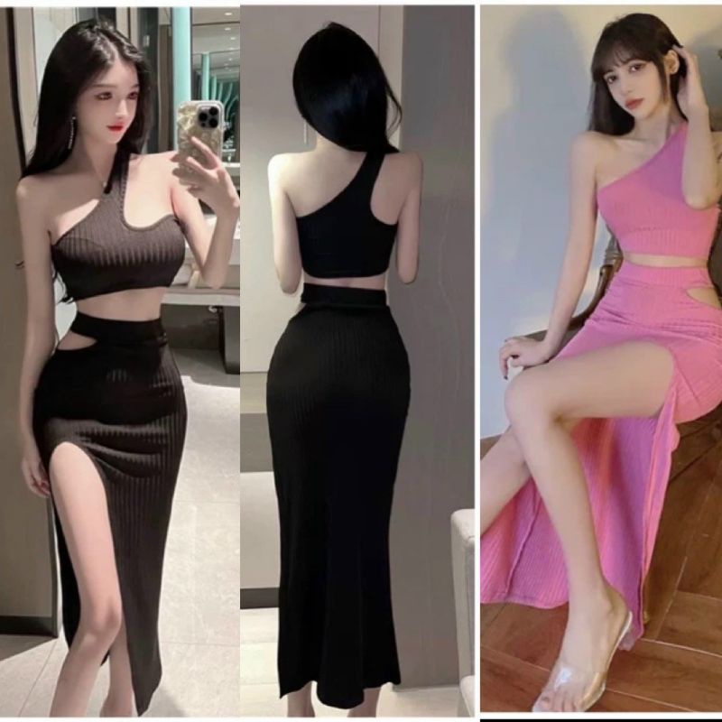 Set Thun Áo Croptop Chéo Dây Cổ Lệch Vai Và Chân Váy Dáng Dài Maxi Xẻ Tà - Form Ôm Body Sexy