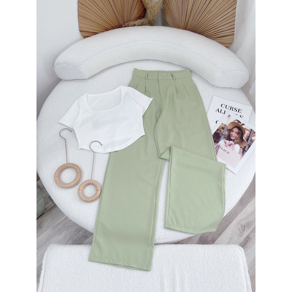 SET ÁO GÂN TRẮNG LAI BẦU + QUẦN BAGGY XANH (TH)