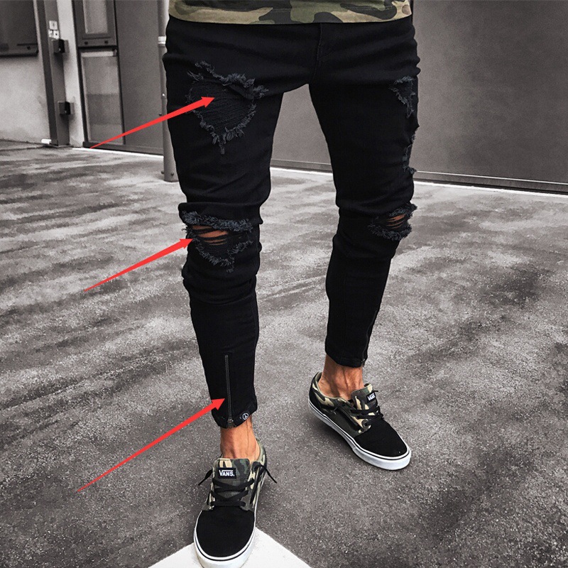 Cool Designer Black Knee Hole Ripped Skinny Jeans Men Plus Size Slim Fit Pencil Jeans for Men Zipper Stretch  Destroyed  Jeans Hop Hop Denim Pants