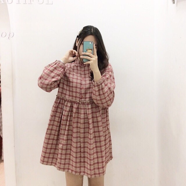 Đầm babydoll caro nữ tay phồng dài quảng châu ulzzang | BigBuy360 - bigbuy360.vn