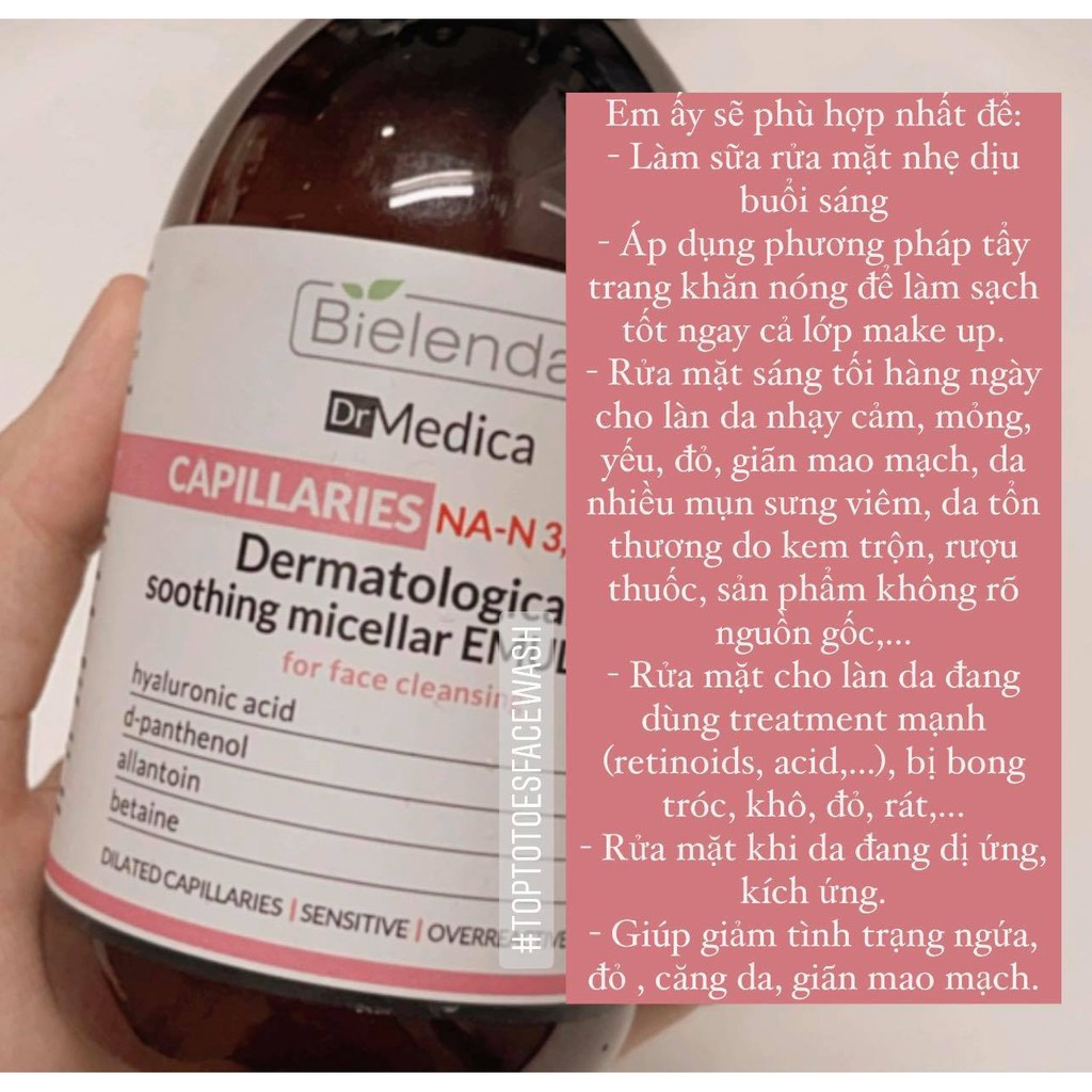 Sữa rửa mặt Bielenda Dr Medica Capillaries Soothing Micellar Emulsion giảm mẩn đỏ, dị ứng, kích ứng, giãn mao mạch