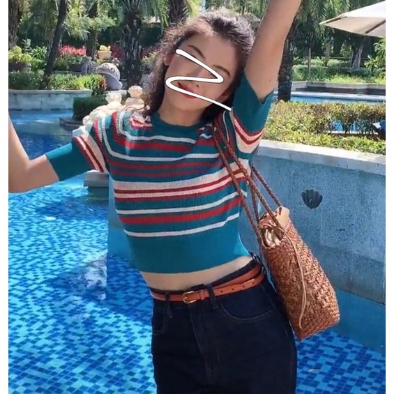 Áo dệt kim ZHELIHANGFEI ngắn tay cổ tròn họa tiết kẻ sọc trẻ trung