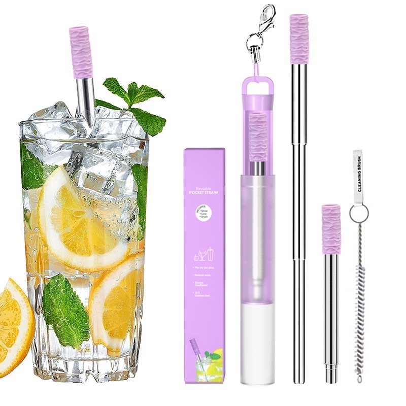 1 Bộ Ống Hút Tròn Bằng Thép Không Gỉ 304 Có Thể Gấp Gọn Tiện Lợi