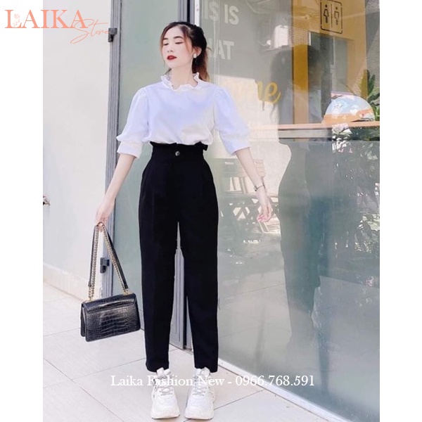 Quần baggy cạp cao bèo công sở xếp ly siêu hot màu Đen vải tuyết mưa dày dặn dáng quần tây nữ công sở đi học lưng cao