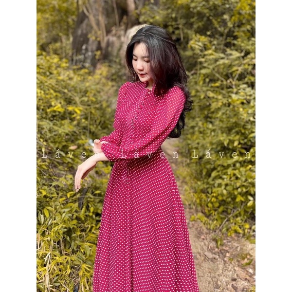 Đầm Váy Maxi Chấm Bi Tay Dài Phối Nút Cài Duyên Dáng Hàng Cao Cấp