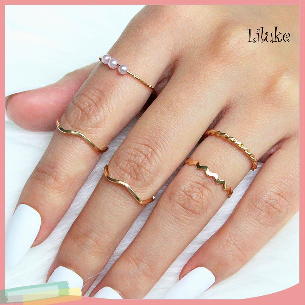 Bộ 5 Nhẫn Hợp Kim Đính Đá Kiểu Dáng Thời Trang Cho Nữ