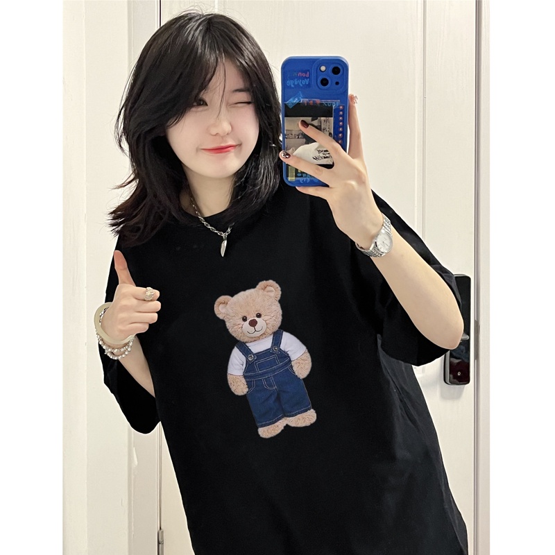 Áo Thun Tay Ngắn Màu Trơn In Họa Tiết Hoạt Hình Phong Cách Hàn Quốc Thời Trang Cho Nữ Cỡ 2XL