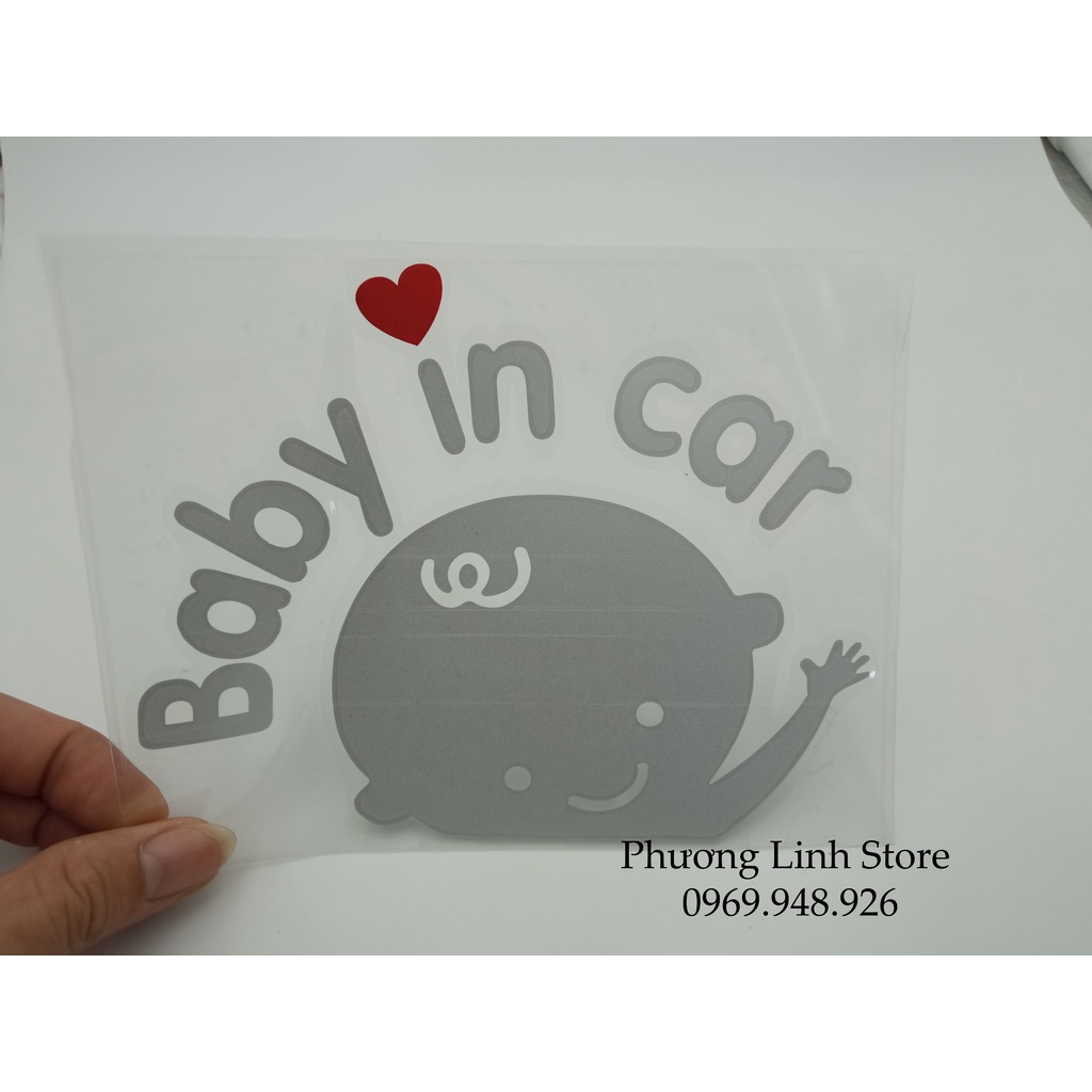 Tem xe ô tô đẹp Baby In Car màu Bạc Logo dán xe Tem dán xe trong suốt size to (248)