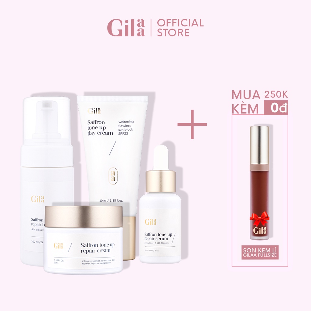 Bộ 4 sản phẩm dưỡng trắng và phục hồi da Gilaa Saffron Tone Up Repair