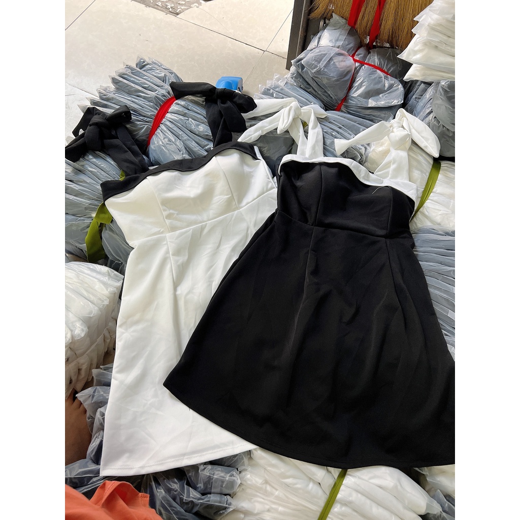 Đầm Đi Tiệc Cột Dây vai, Đầm Tiểu Thư Dáng Suông, Váy Hai Dây Cột Nơ Vai Sang Chảnh