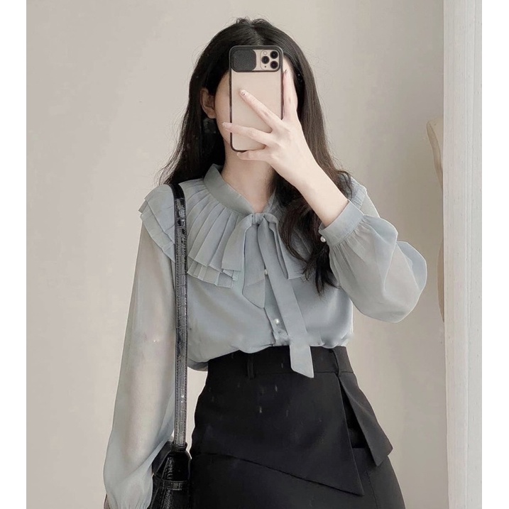 Áo sơ mi nữ dài tay RUBY HOUSE chất liệu tơ nhũ hàn ba màu xanh trắng be A35