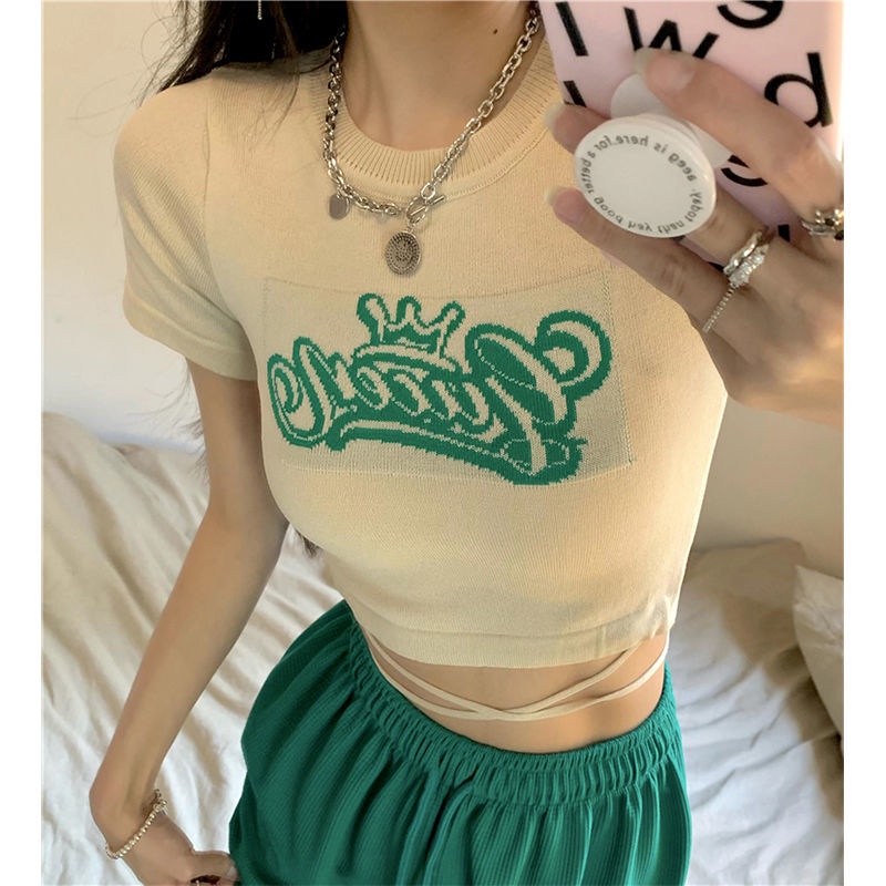 Áo thun COZOKC dệt kim tay ngắn dáng ôm cột dây in chữ thời trang cho nữ