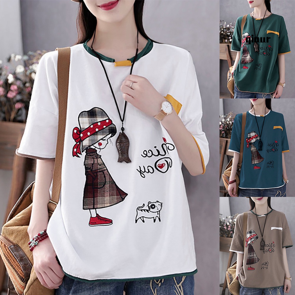 Áo Thun Cotton Tay Ngắn Cổ Tròn In Hình Mèo Hoạt Hình Dành Cho Nữ