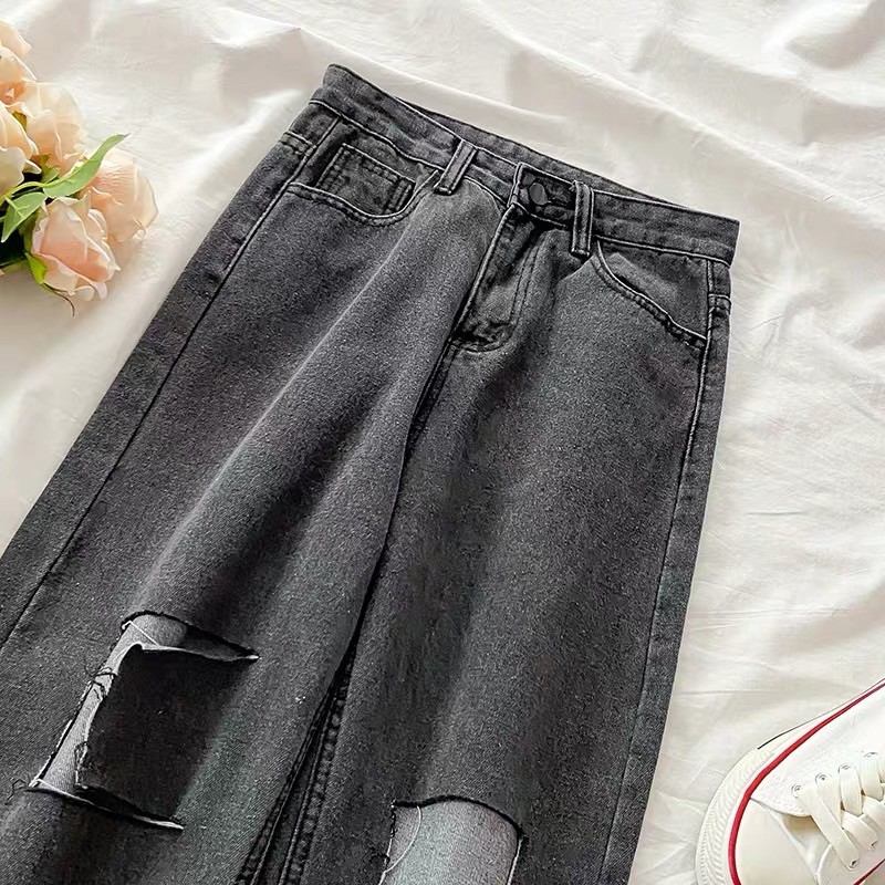 Quần slim baggy jean xám rách gối ô quảng châu hàng sẵn