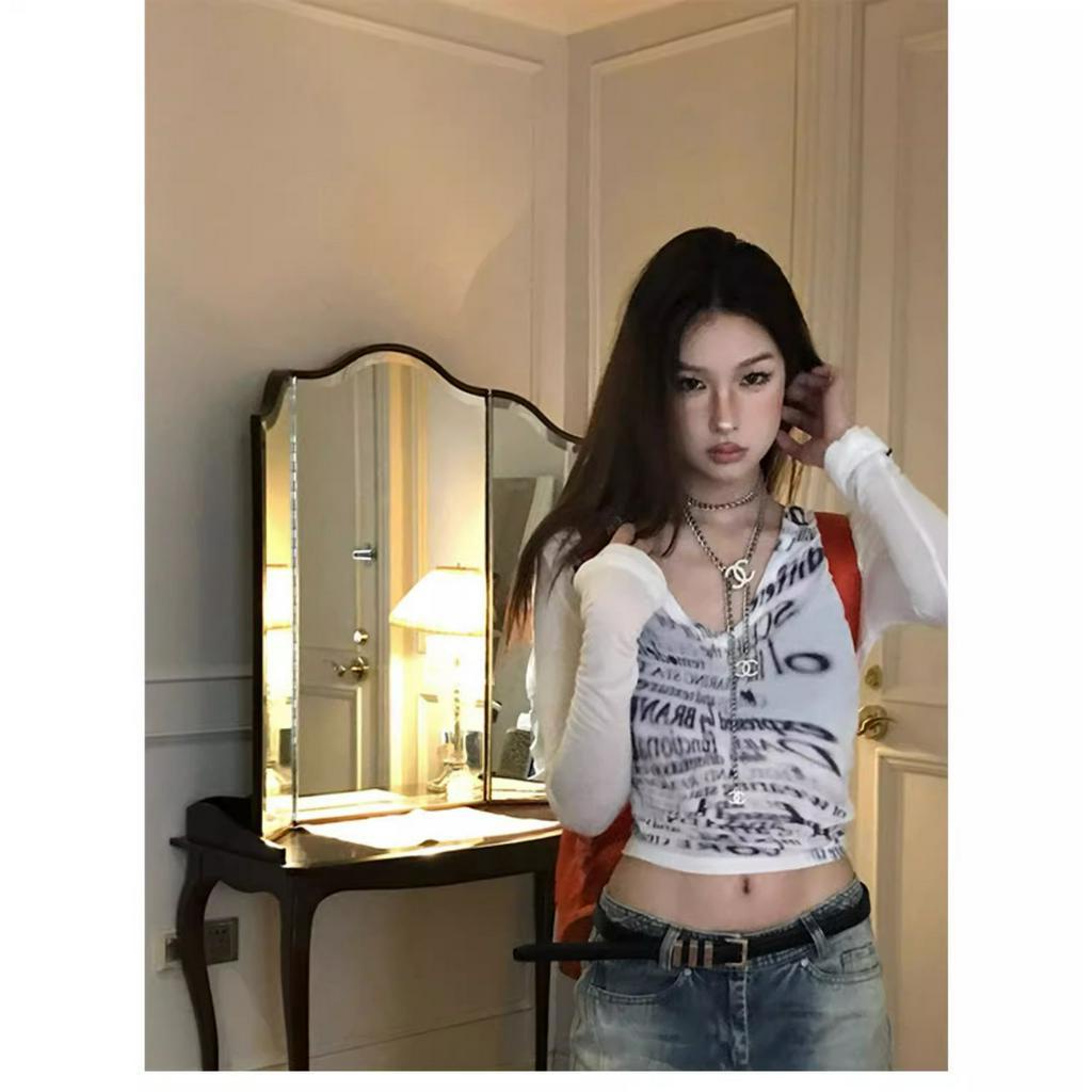 Áo Thun Lửng Tay Dài In Họa Tiết Quyến Rũ Trẻ Trung Cho Bạn Gái