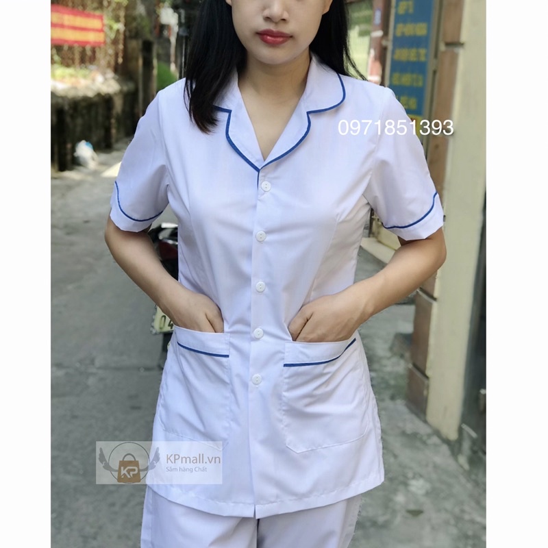 Bộ quần áo blouse trắng viền bo tròn cổ nữ tính cho điều dưỡng, y tá, dược sỹ, thẩm mỹ viện, spa