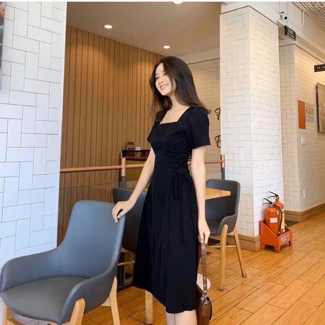 Đầm maxi dài xòe 2 lớp cổ vuông đan dây rút điều chỉnh eo tôn dáng - Alita Dress(Có Ảnh Thật)