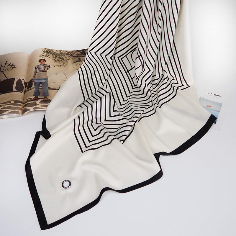 Khăn Choàng Lụa Vuông 90H Đục Lỗ In Họa Tiết Kẻ Sọc Phong Cách Tối Giản Hàng Mới Dành Cho Bạn Nữ