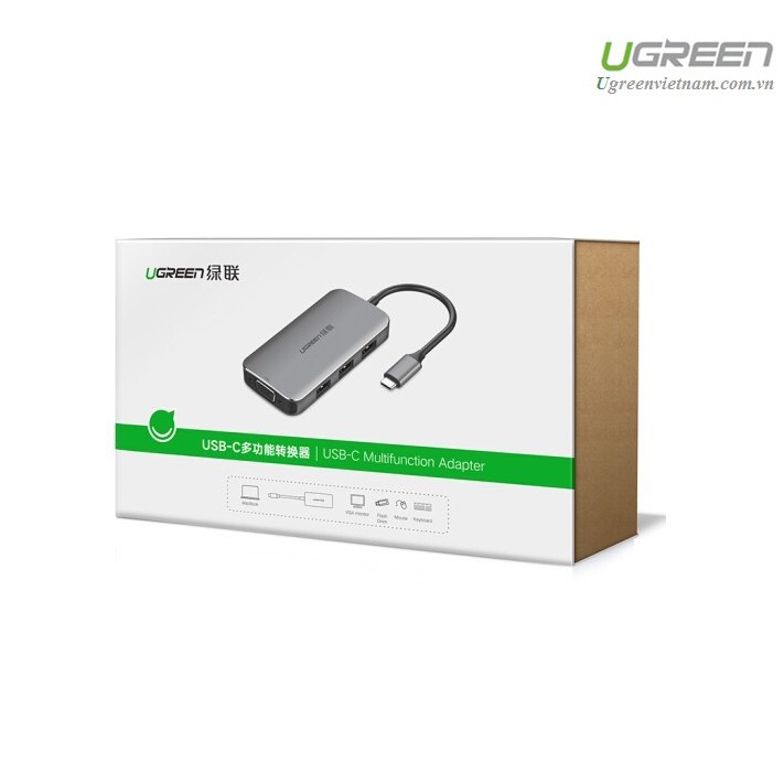 Thiết bị mở rộng USB type-C sang VGA/ Hub USB 3.0 hỗ trợ sạc cổng USB-C chính hãng Ugreen 50210