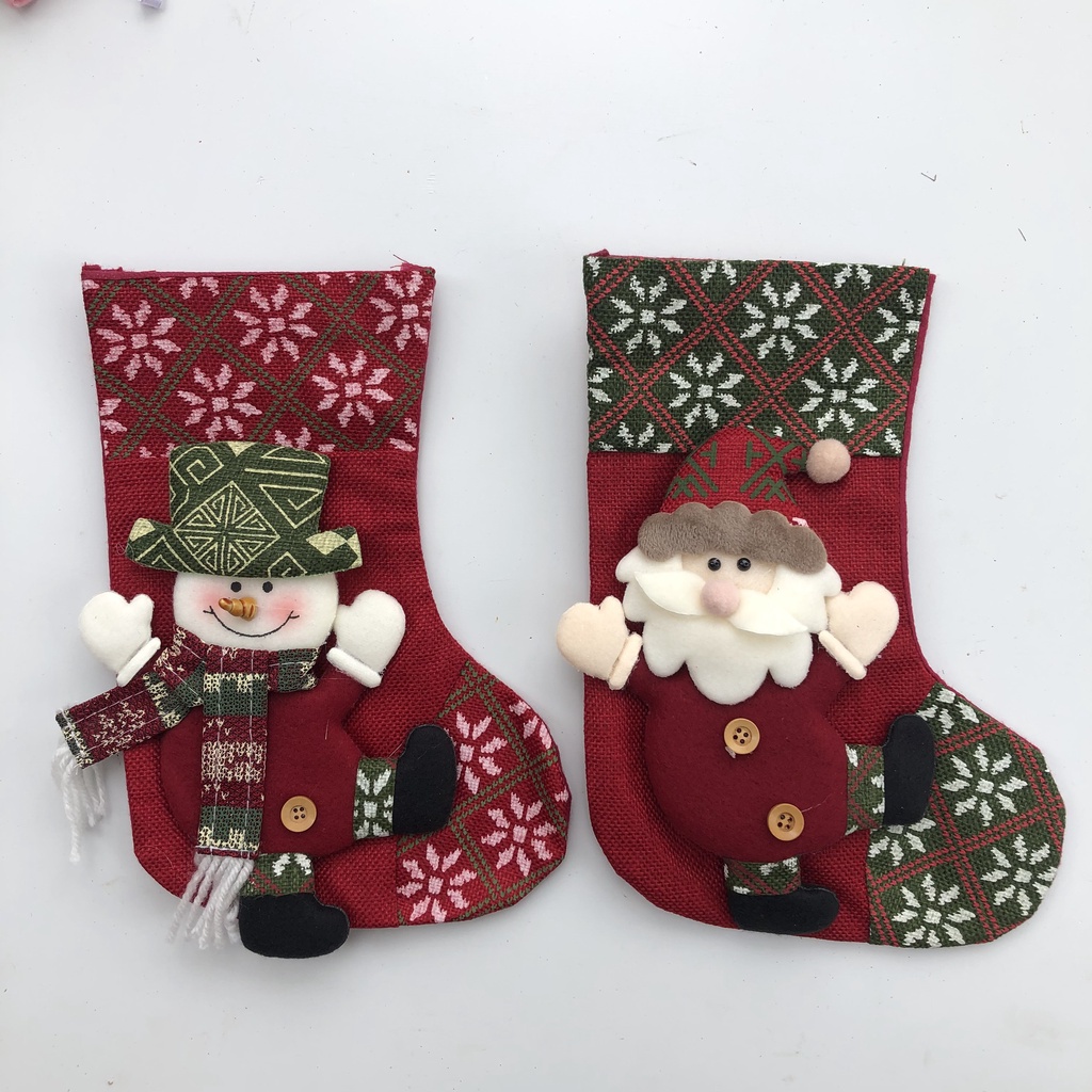 Vớ (Tất) Ông già Noel , Người tuyết đựng quà kiểu thổ cẩm 26cm trang trí Giáng sinh decor nhà cửa