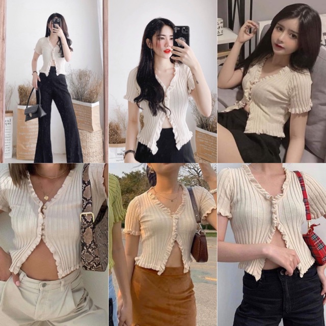 Áo Kiểu NEVER STOP CROPTOP màu NUDE thiết kế gài nút 1 nửa khoe vòng eo chất len dày co giãn hàng nhập quảng châu