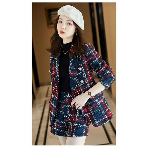 Hàng nhập - Set bộ vest nữ short dạ tweet kẻ caro, sét đồ thời trang quần áo blazer ngắn sang trọng
