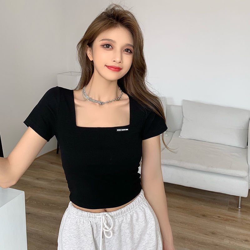 Áo Crt Cổ Vuông Nữ SANJOLI Thiết Kế Tay Ngắn Ôm Body Sexy Chất Vải Len Gân Năng Động AO020