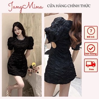 Váy Đầm Đen Gấm Xốp Cổ Tròn Viền Đá Cutout Eo Sag Chảnh - JANGMINA SHOP