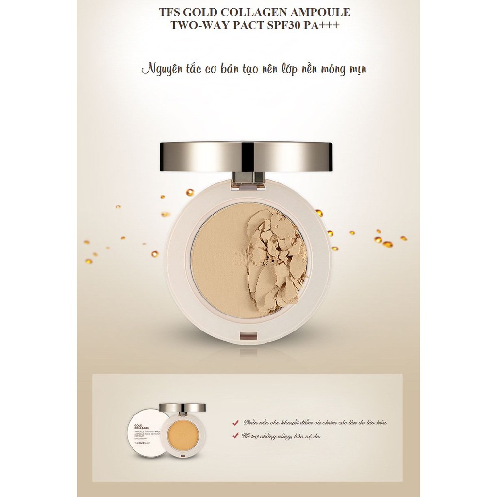 Phấn Nền Che Khuyết Điểm TheFaceShop Gold Collagen Ampoule Two-Way Pact SPF30 PA+++ V201 9.5g(01/03/2023)