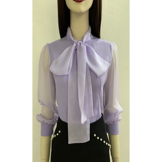 Áo lụa phối tay và cổ nơ voan màu tím nhạt