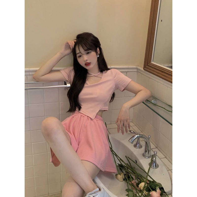 Bộ Áo Thun Hồng + Quần Short Dáng Ôm Thời Trang Mùa Hè Mới Cho Nữ