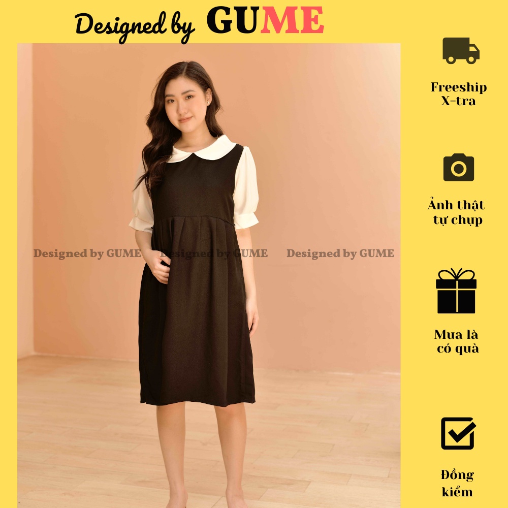 Đầm Bầu Công Sở - Váy Bầu GUME màu đen dáng babydoll cổ sen phối tay trắng chất vải sạn lụa size từ 40-100kg MB132