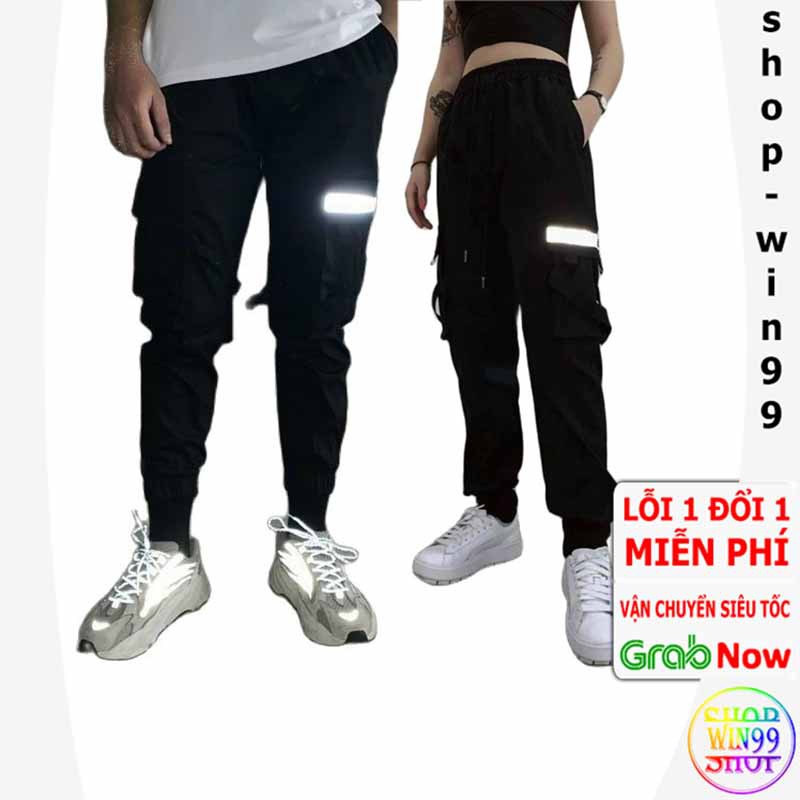 Quần Jogger Kaki Nam Nữ Dáng Thể Thao nhiều Túi Hộp Có Phản Quang màu đen