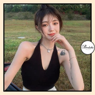 Áo yếm croptop buộc dây len dệt kim mỏng, hở lưng, co giãn A018