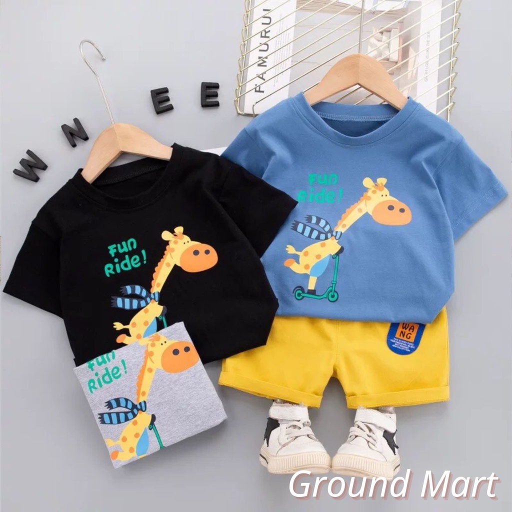 Bộ cộc tay bé trai cotton thoáng mát, in hình hươu cao cổ đáng yêu size 8 - 18 kg