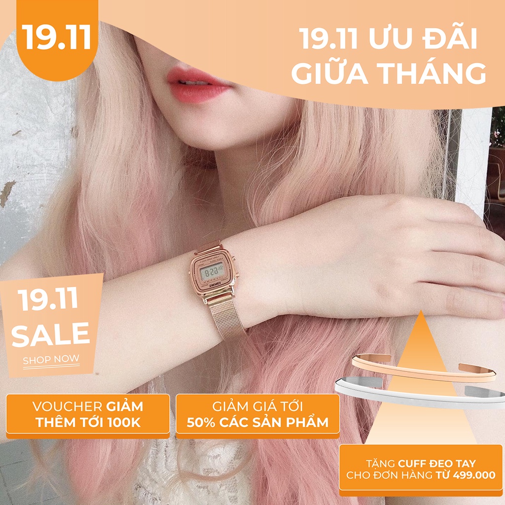 Đồng hồ nữ điện tử mặt nhỏ SKMEI MESH rose gold đồng hồ thời trang cá tính Watchesbytif size 22mm kèm báo thức bấm giờ