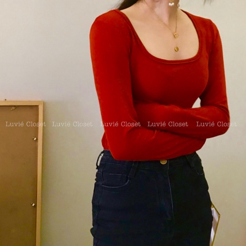 Áo Thun Croptop Màu Đỏ Vintage Cổ Vuông Tay Dài Đơn Giản Phong Cách Cổ Điển Cho Nữ Luviecloset